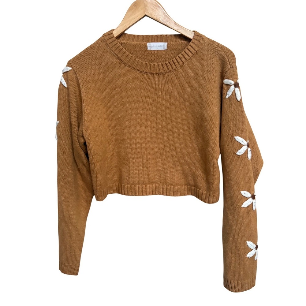 Altar'd State Brown Daisy Embroidered Cropped Knit Sweater Small - Picture 2 of 8